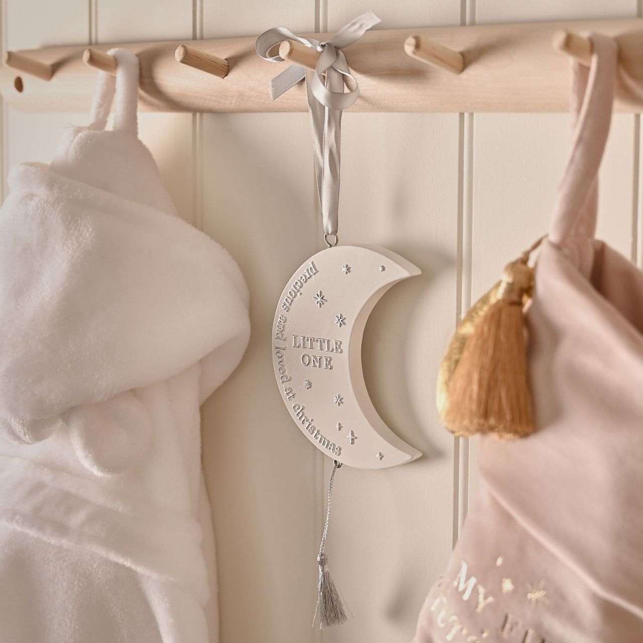 Christmas Hanging Moon Plaque - Little One A moon plaque from BAMBINO BY JULIANA. This treasurable keepsake provides sparkling decoration for the bedroom of new family arrivals at Christmas time.