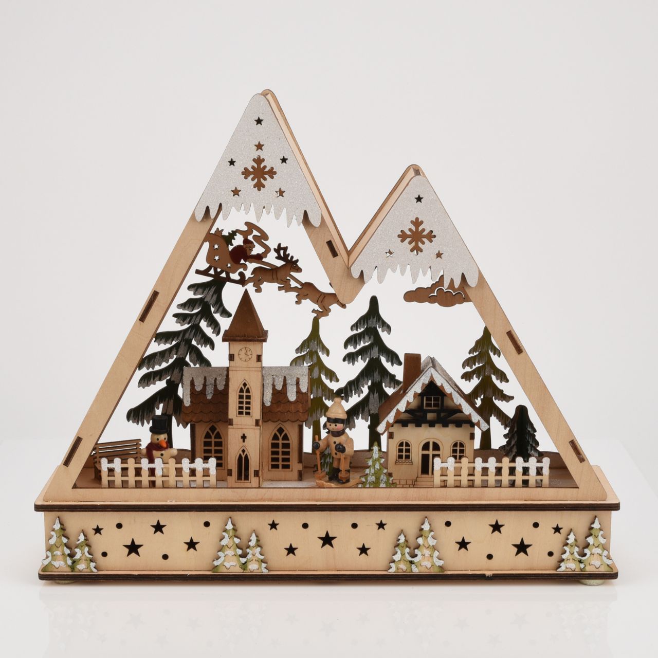 LED Light Up Wooden Mountain Scene An LED light up Wooden Mountain Scene by THE SEASONAL GIFT CO. This illuminating decoration is a delightful addition to Christmas.