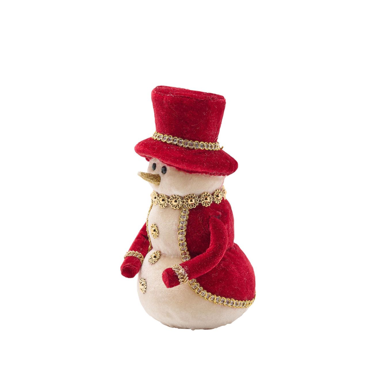 Add holiday charm to the home with this adorable Red Velvet snowman, ideal for spreading festive cheer. The snowman sports a red velvet hat and gold coloured scarf for a classic look. Perfect as a gift or décor, this plush snowman will warm hearts when placed on a mantel, shelf, or table.