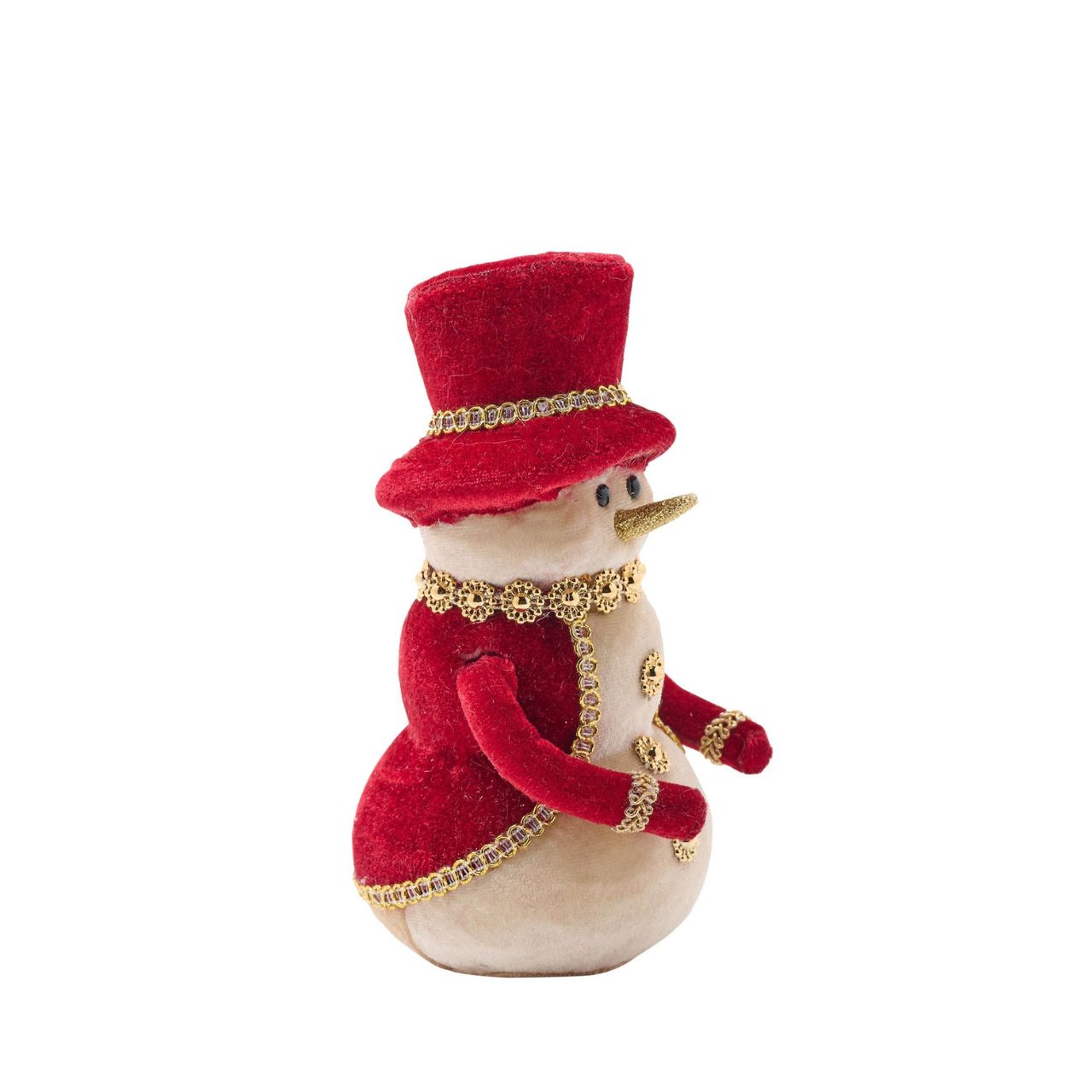 Add holiday charm to the home with this adorable Red Velvet snowman, ideal for spreading festive cheer. The snowman sports a red velvet hat and gold coloured scarf for a classic look. Perfect as a gift or décor, this plush snowman will warm hearts when placed on a mantel, shelf, or table.