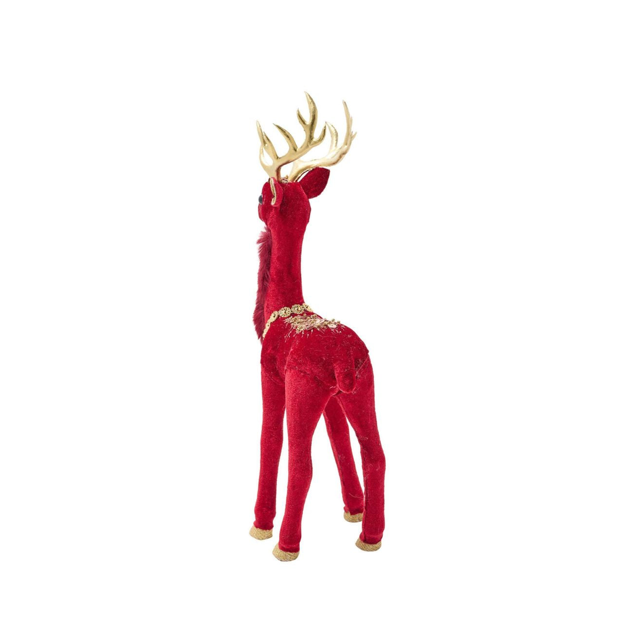 The majestic Red Velvet Standing Deer 33cm, will bring festive joy to the home this Christmas. With his plush red velvet coat and shiny golden antlers and necklace, this handsome fellow captures the magic of the festive season.