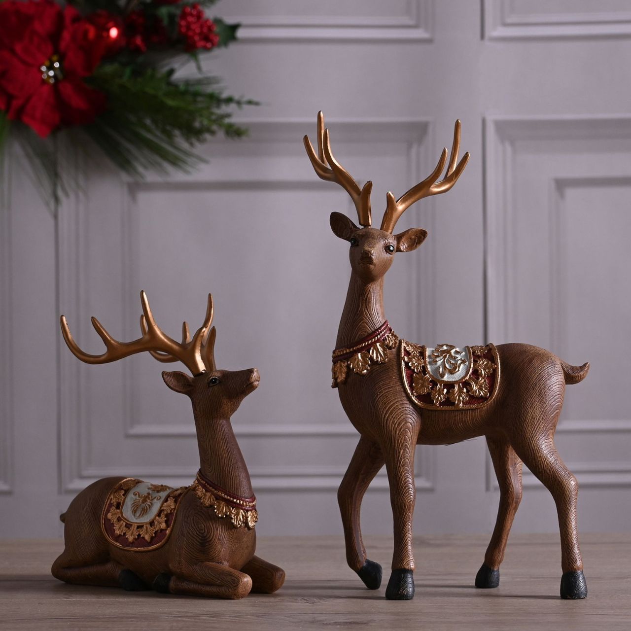 Christmas Standing Reindeer Decoration A standing Christmas reindeer. This charming Christmas decoration perfectly blends traditional and modern touches this festive season.
