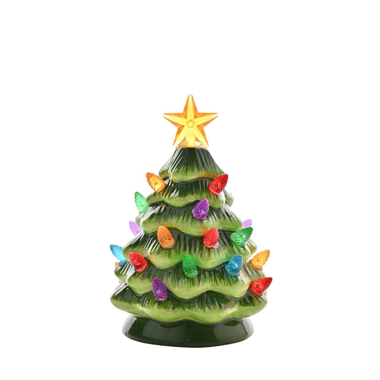 The ornament is an extremely eye-catching piece. It is accented with a gleaming gold star and multi-coloured lights, adding a touch of whimsy and festive cheer to the overall design.