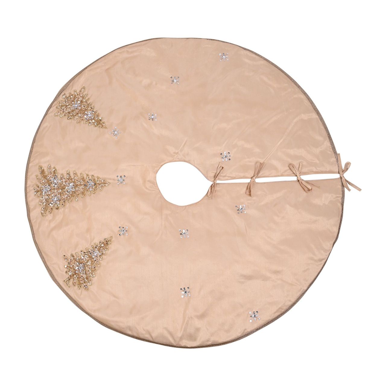 Hand Embellished Gold Sequin Christmas Tree Skirt A hand embellished gold sequin Christmas tree skirt from THE SEASONAL GIFT CO. This standout accessory wraps itself around Christmas trees to accentuate its decoration.