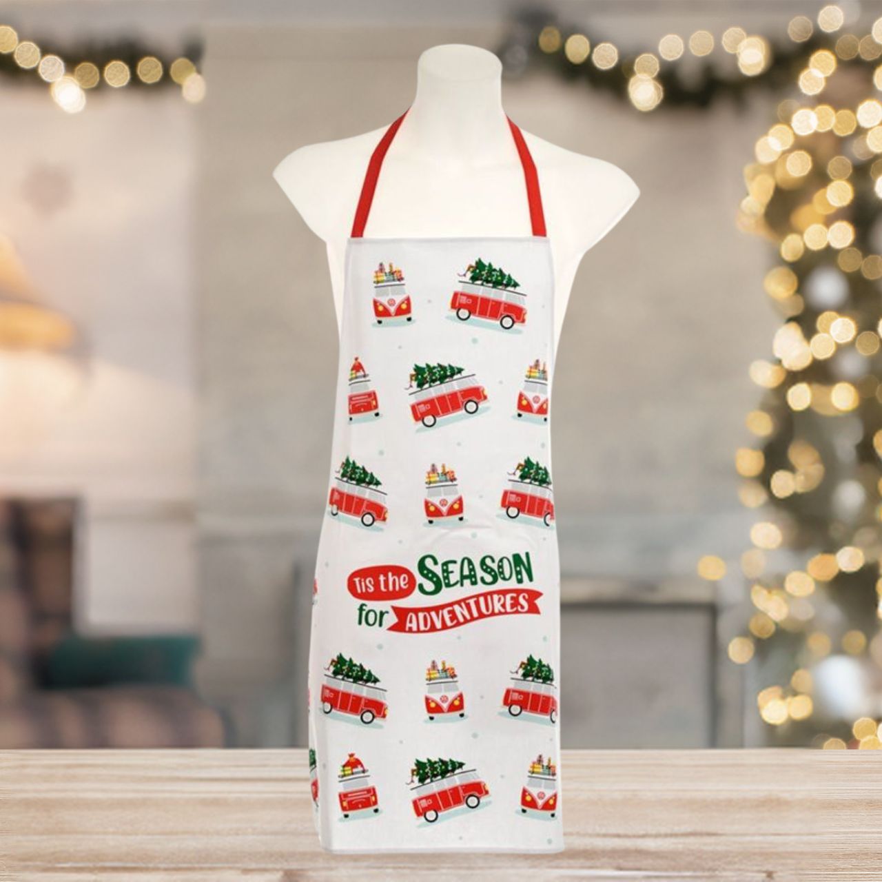 Christmas Volkswagen VW T1 Camper Bus Cotton Apron This stylish Cotton Apron features a classic Volkswagen VW T1 Camper Van with a Christmas design, made from 100% cotton. Perfect for cooking during the holidays, or as a great gift