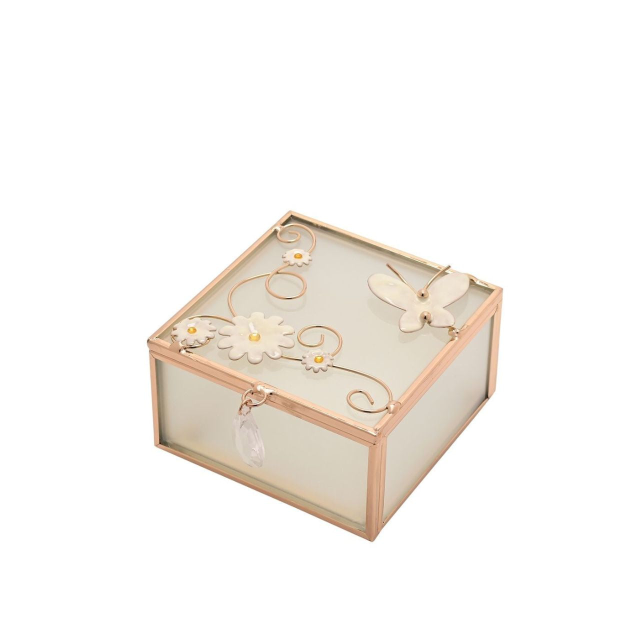 This exquisite glass box features an elegant floral meadow design on the lid. With its sturdy yet delicate craftsmanship, compact shape and stunning design, this trinket box makes a beautiful addition to any bedroom or dressing table.