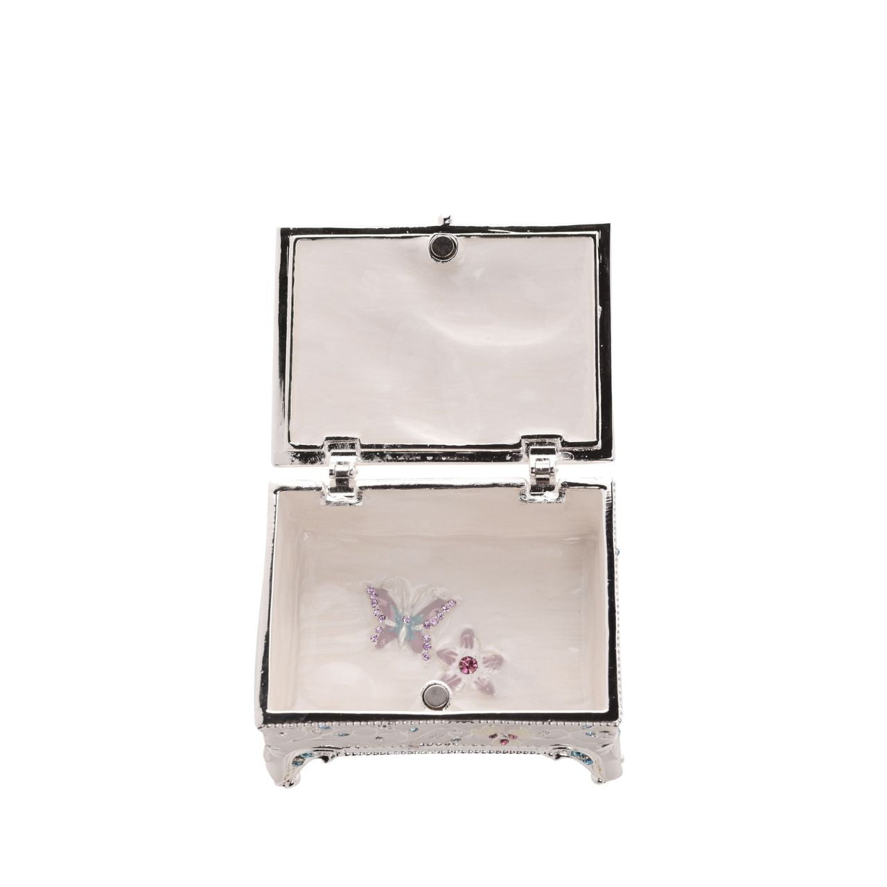 Delight in the intricate artistry of our Sophia Classic Enamel Butterfly Trinket Box. This decorative jewellery box boasts a vibrant floral design, adorned with multi-coloured gemstones and crystals on a reflective surface.