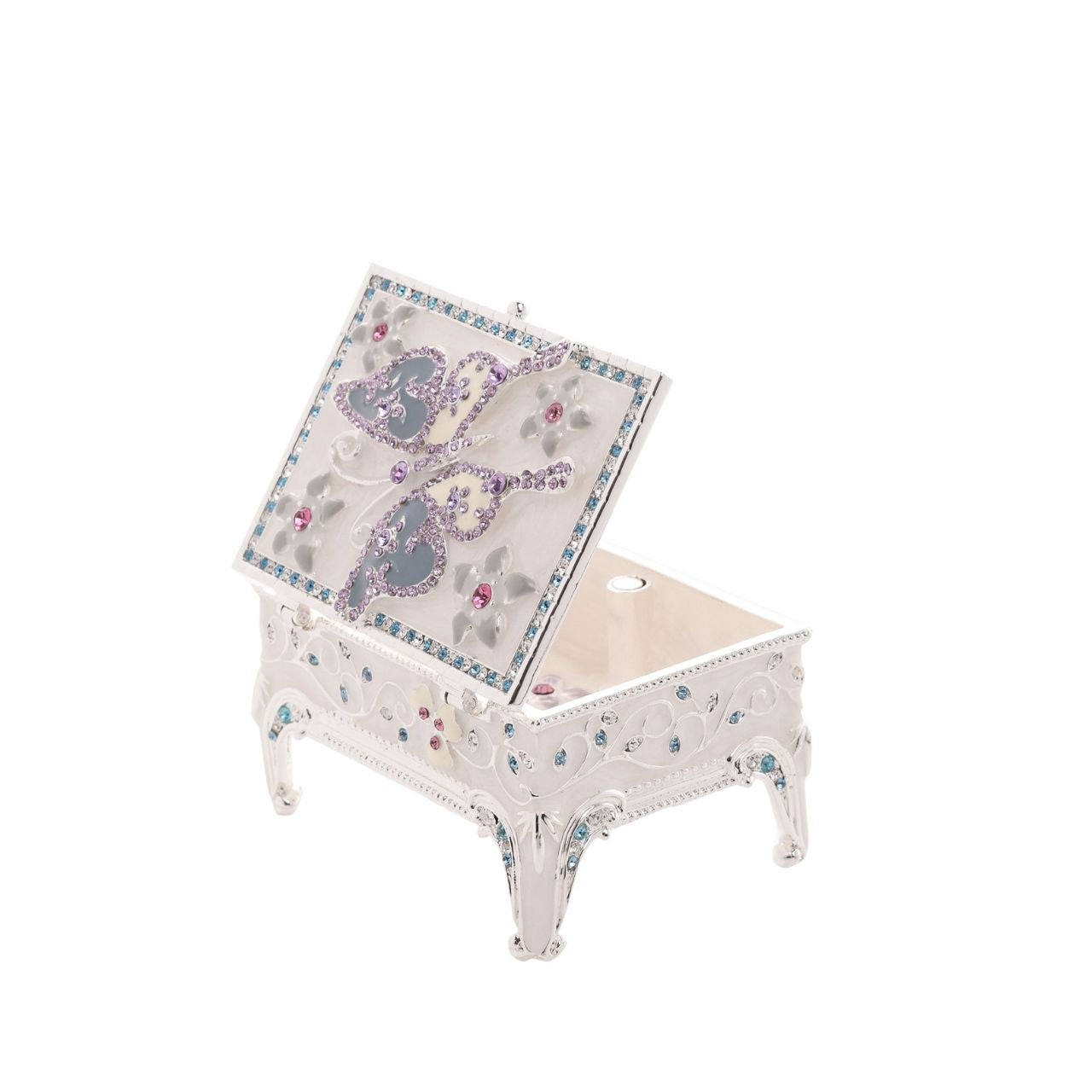 Delight in the intricate artistry of our Sophia Classic Enamel Butterfly Trinket Box. This decorative jewellery box boasts a vibrant floral design, adorned with multi-coloured gemstones and crystals on a reflective surface.