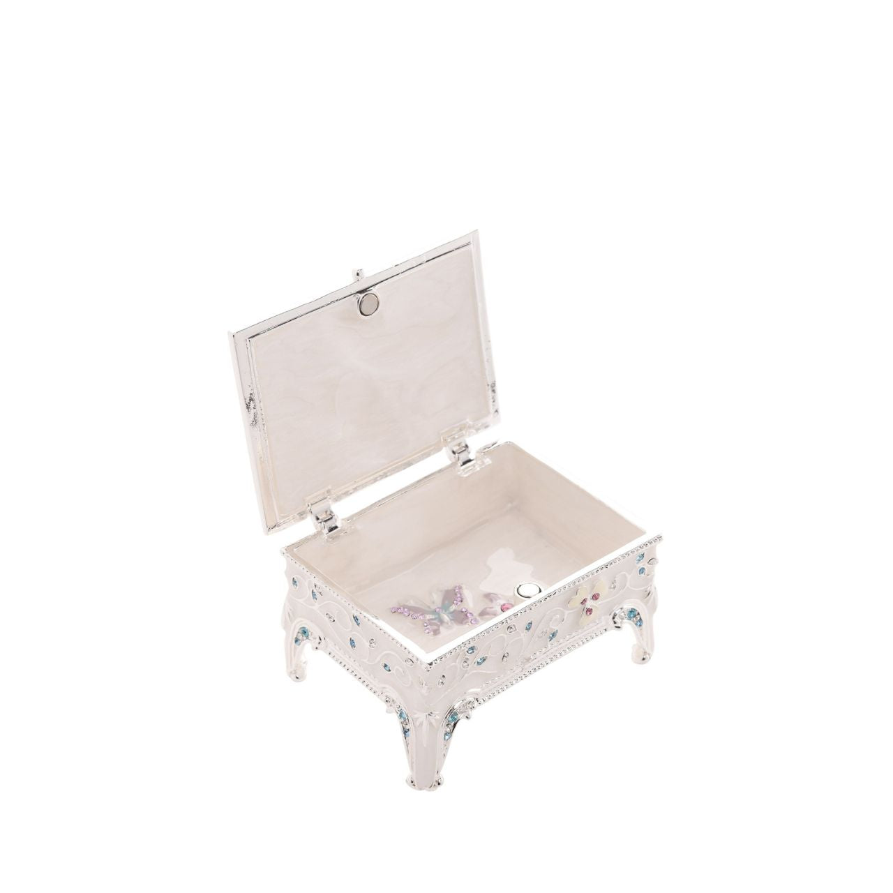 Delight in the intricate artistry of our Sophia Classic Enamel Butterfly Trinket Box. This decorative jewellery box boasts a vibrant floral design, adorned with multi-coloured gemstones and crystals on a reflective surface.