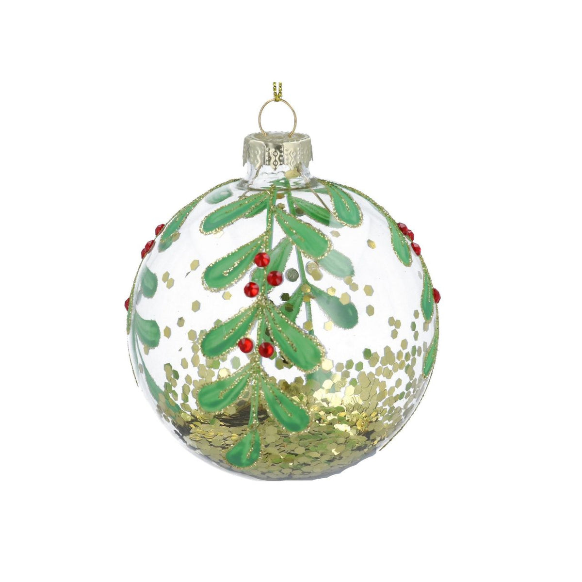 Elevate your festive décor with this stunning Gisela Graham glass bauble. Featuring a clear glass sphere adorned with shimmering gold confetti and delicate berry vine details, it brings elegance and warmth to any Christmas tree or holiday display.