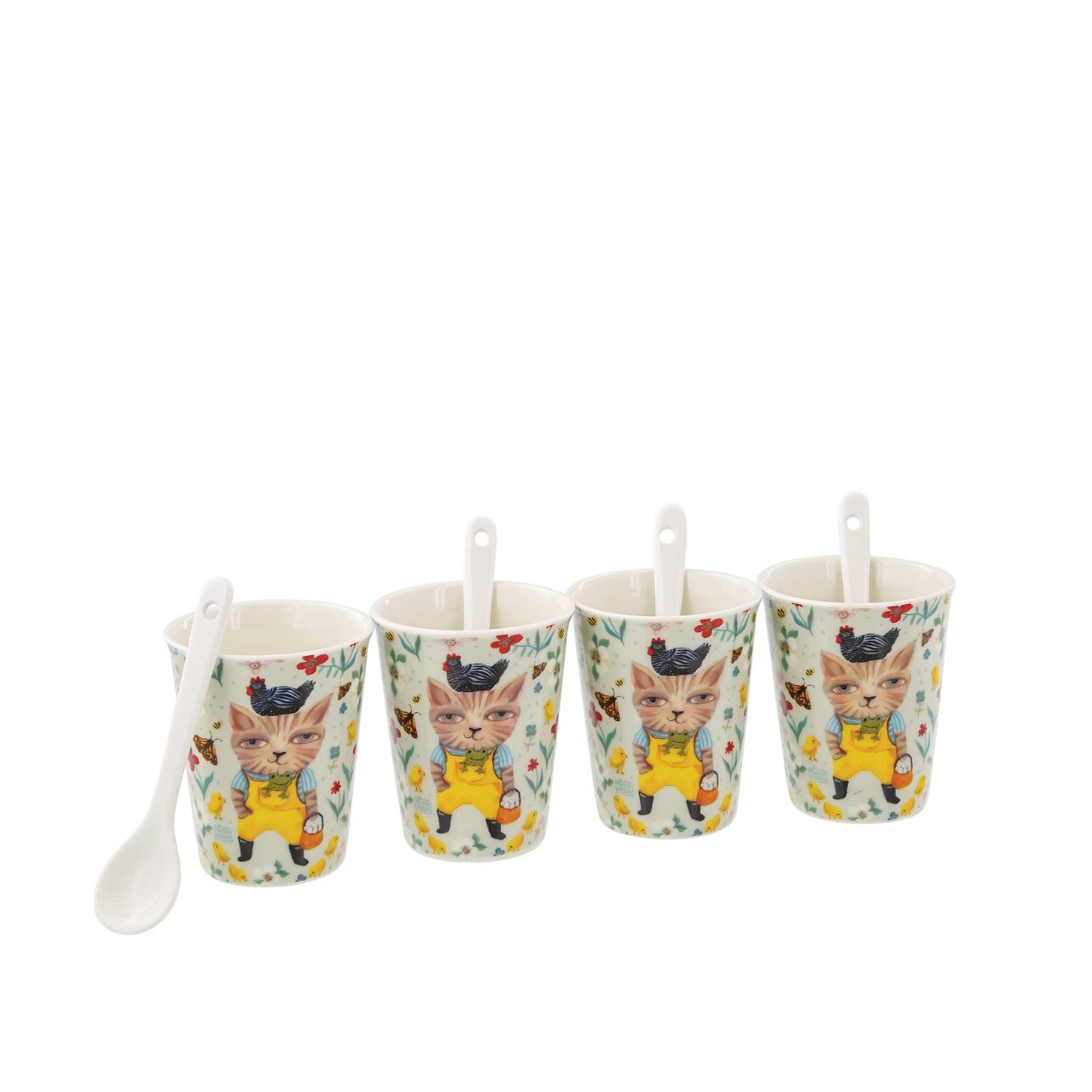 Assortment of 4 cups with ceramic spoons, ideal for drinking coffee with family or friends. Original and colourful design by artist Michelle Allen for the Allen Designs collection. Each cup 7.0cm