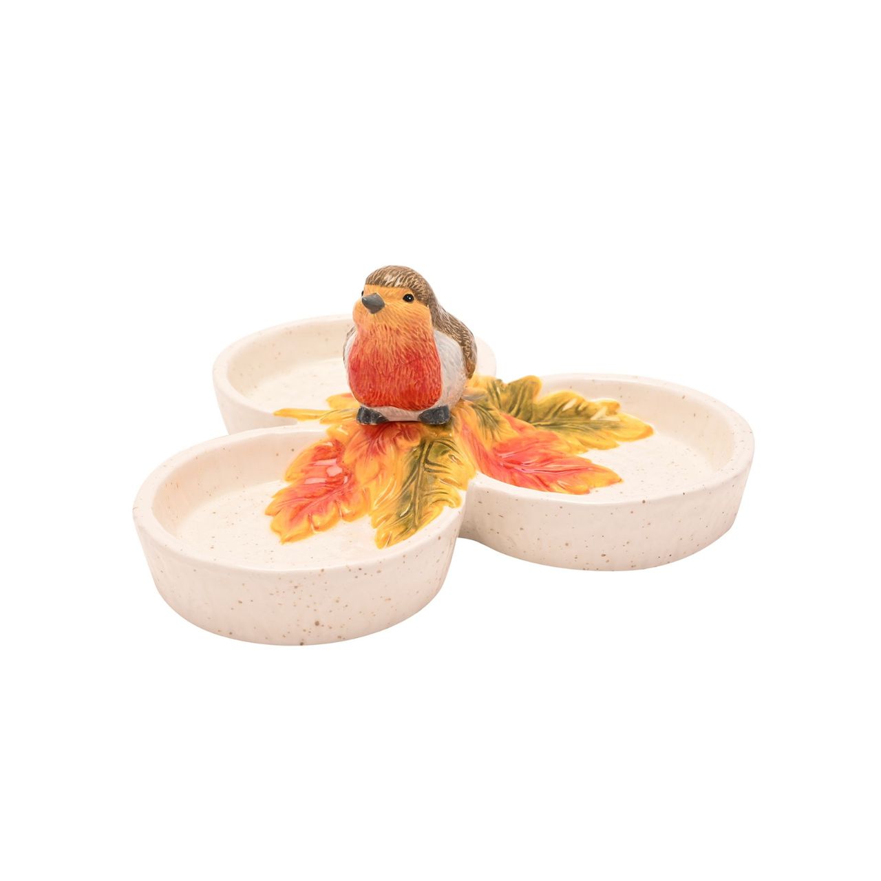 Featuring three connected dishes topped with a perched robin figurine, it’s ideal for serving seasonal nibbles like nuts, dried fruits, or sweets.