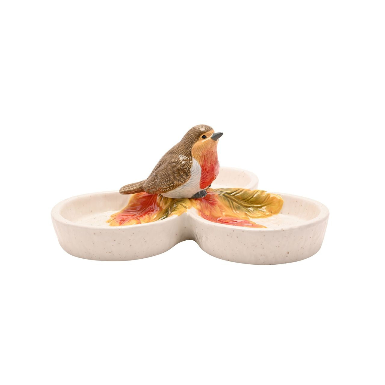 Featuring three connected dishes topped with a perched robin figurine, it’s ideal for serving seasonal nibbles like nuts, dried fruits, or sweets.