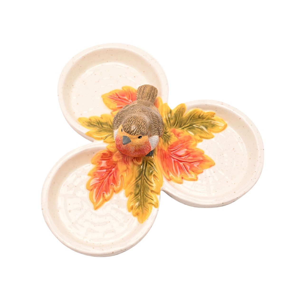 Featuring three connected dishes topped with a perched robin figurine, it’s ideal for serving seasonal nibbles like nuts, dried fruits, or sweets.