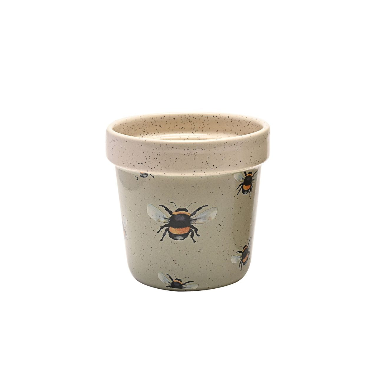 The ceramic duo showcases 2 different designs, the smaller having an all over bee pattern on a green speckled finish. The larger has the cherished sentiment of ‘Bee happy’ on a speckled cream surface. Both with contrast rims.