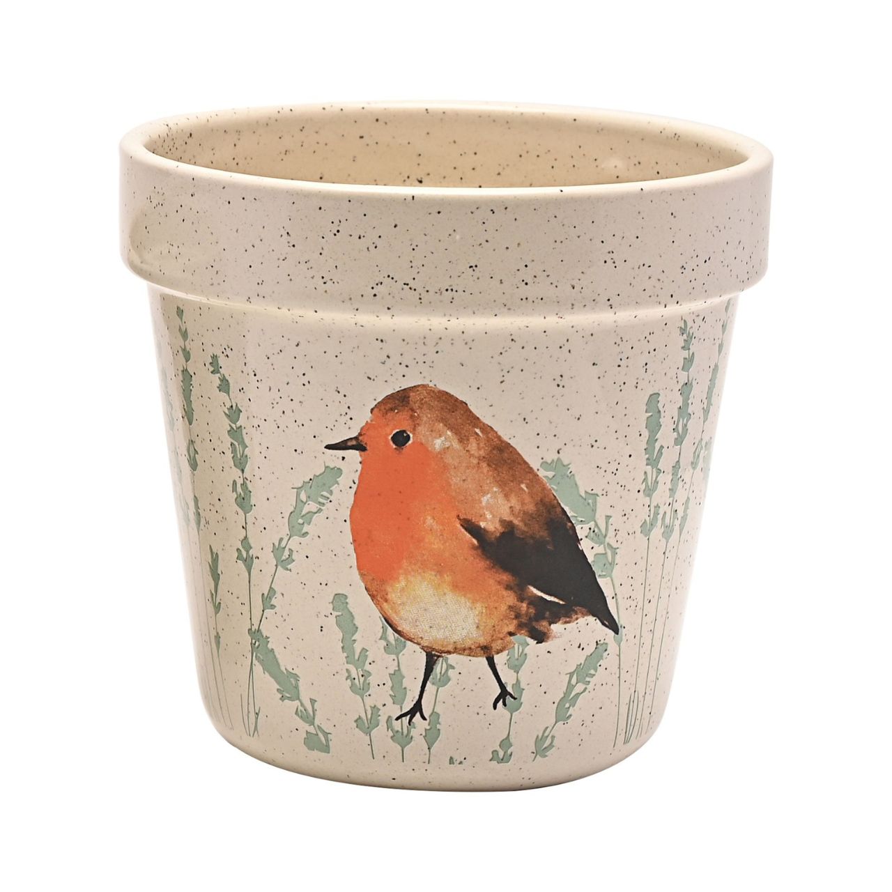 Country Living Set of 2 Planters - Robin A set of 2 decorative planters by COUNTRY LIVIING The ceramic duo showcases 2 different designs, the smaller having an all over Robin pattern on a speckled finish. The larger has two decorative images of a Robin, on a speckled cream surface.