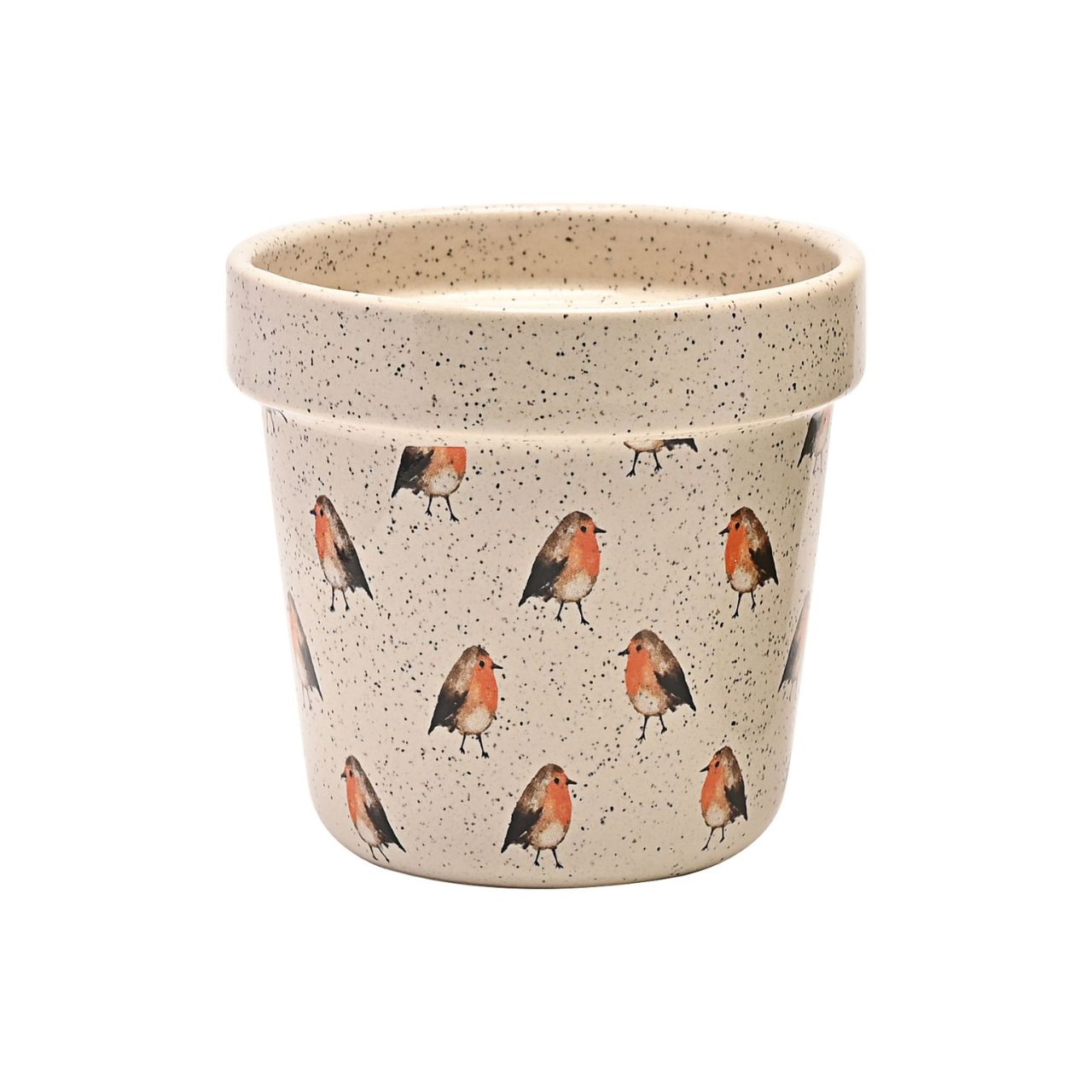 Country Living Set of 2 Planters - Robin A set of 2 decorative planters by COUNTRY LIVIING The ceramic duo showcases 2 different designs, the smaller having an all over Robin pattern on a speckled finish. The larger has two decorative images of a Robin, on a speckled cream surface.