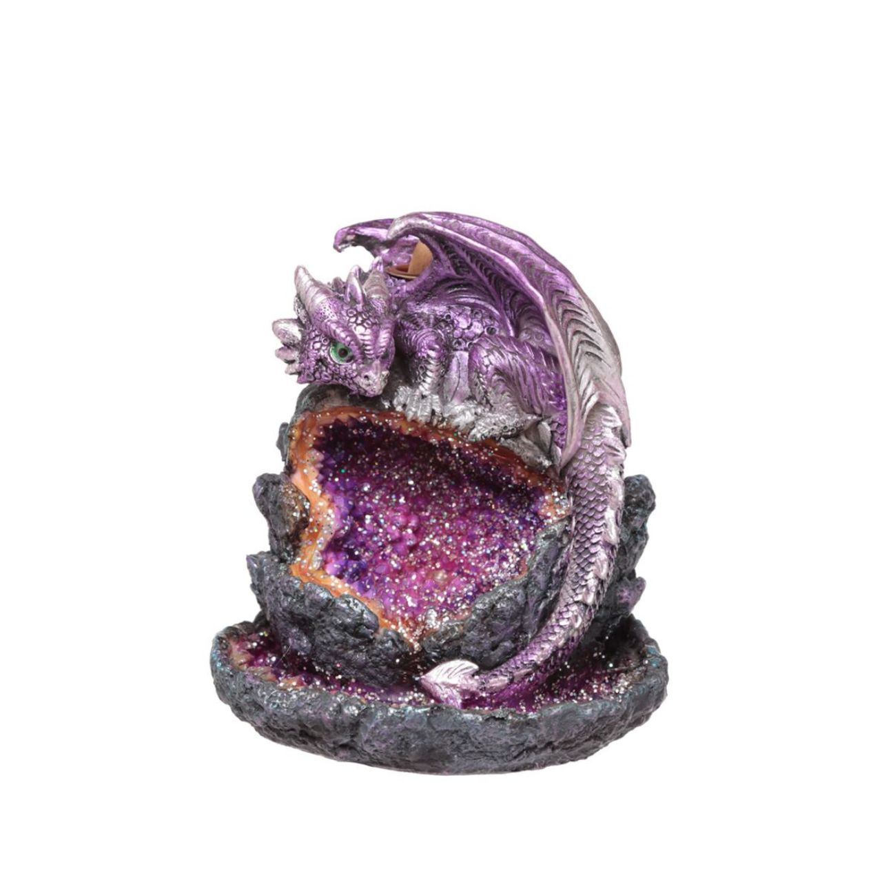 The Crystal Cave Baby Dragon LED Backflow Incense Burner combines artistry and function, featuring a detailed dragon design that enhances any space. Its LED lighting highlights the intricate crystal cave base, creating a captivating visual effect.