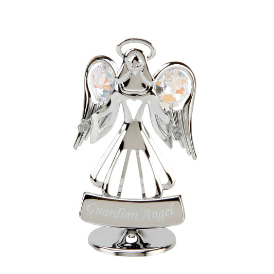 Guardian Angel with Crystals  A beautiful chrome plated freestanding Crystocraft angel 'Guardian Angel' gift. This beautiful ornament features a cut out design and is embellished with large, twinkling Austrian Crystals. The perfect gift for any religious occasion.