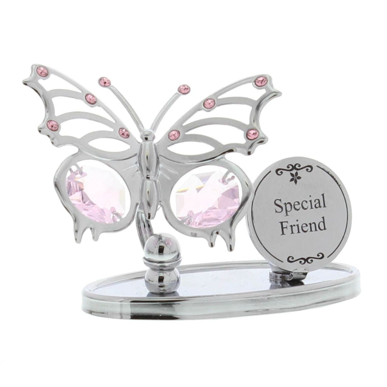 Chrome Plated Butterfly Plaque - Special Friend A beautiful chrome plated freestanding Crystocraft butterfly ornament with a 'Special Friend' plaque. The elegant butterfly is embellished with soft pink crystals Austrian Crystals to make an elegant and eye catching gift.