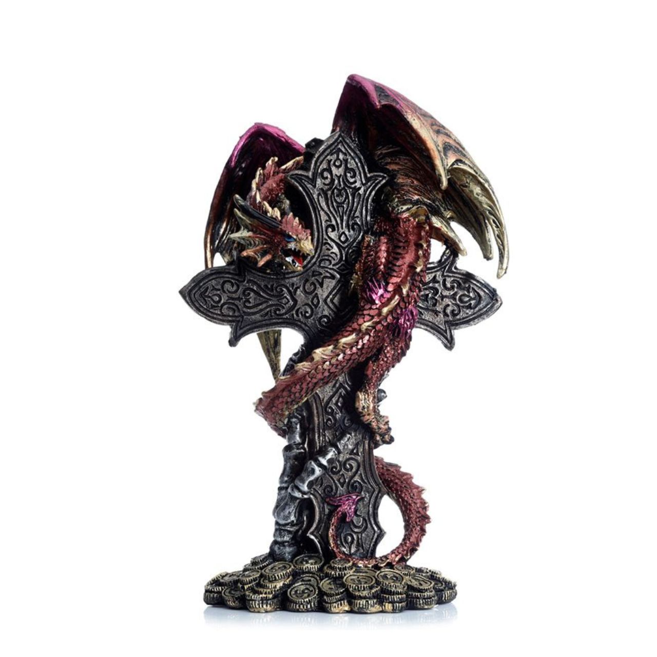Experience the mystery and power of the Dark Legends Celtic Cross Treasure Guardian Dragon. This stunning figurine embodies the Celtic traditions of strength and protection, making it the perfect addition to your collection. With intricate details and a fierce pose, this dragon is sure to impress.