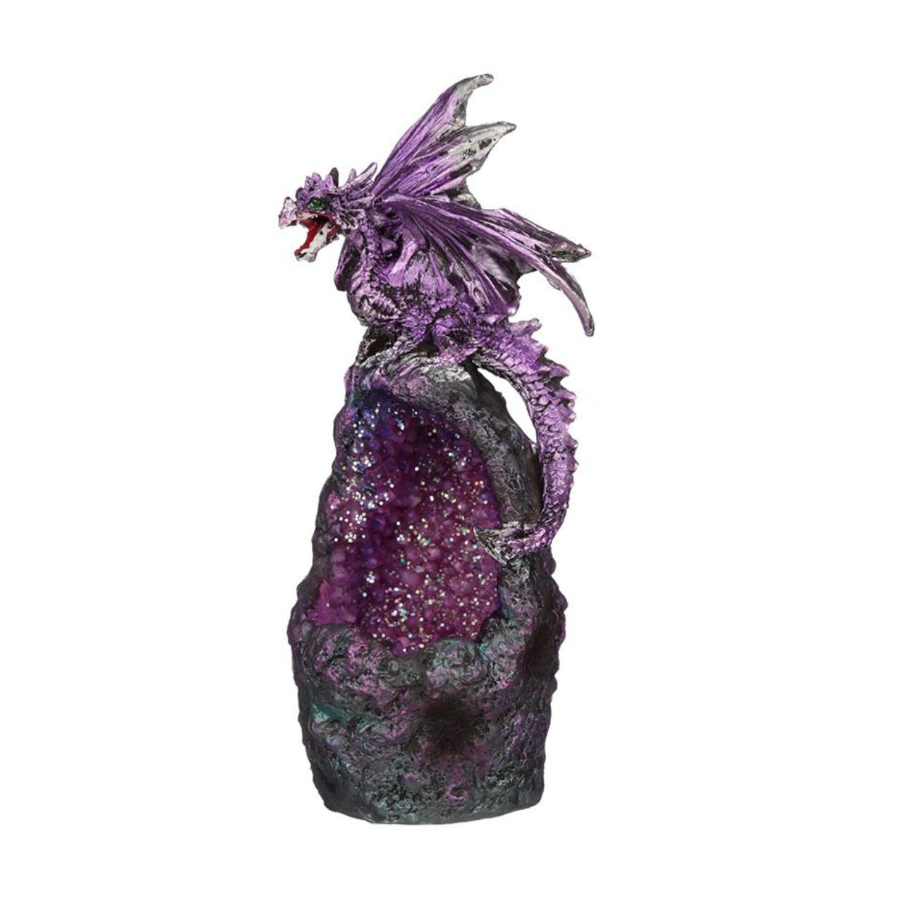 Dark Legends Crystal Cavern LED Dragon - Material: Resin and Plastic - Batteries Required: 2 x LR44 - Batteries Included: Yes - LED: Controlled by an on/off switch on the bottom, the LED rotates between multiple colours.