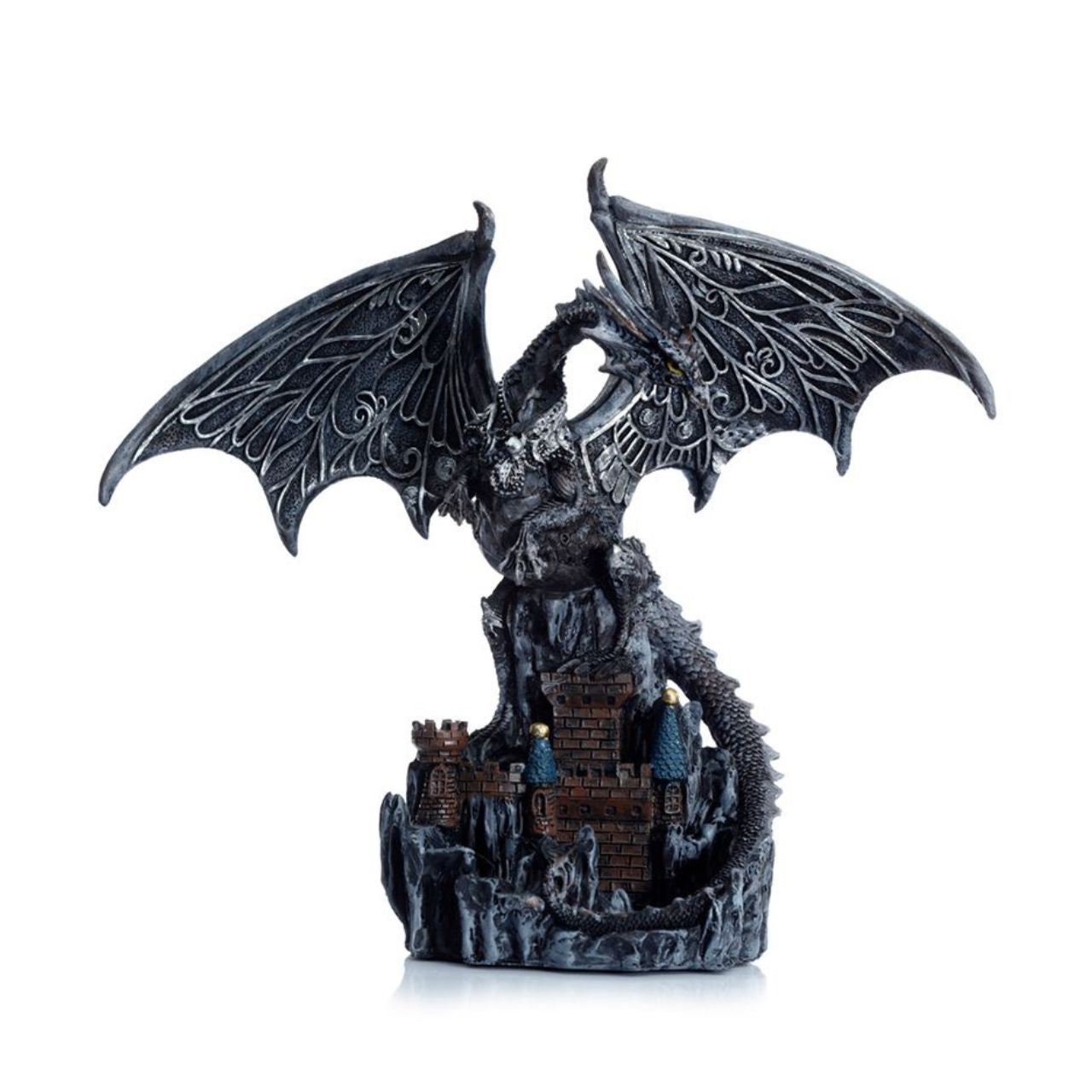 This Dark Legends Wings of Magic Silver Castle Guardian Dragon features intricate details and stunning silver colouring that will make it a standout piece in any collection. With its majestic wings and fierce stance, it imbues a sense of magic and protection to its surroundings. A must-have for any dragon lover or fantasy enthusiast.