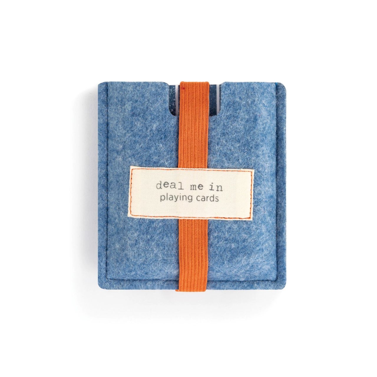 Deal Me in Playing Cards Our Deal Me In Playing Cards is a deck or playing cards like no another, covered with a blue and white striped back and stored in a blue-heathered felt pouch these are great to take with you anywhere.