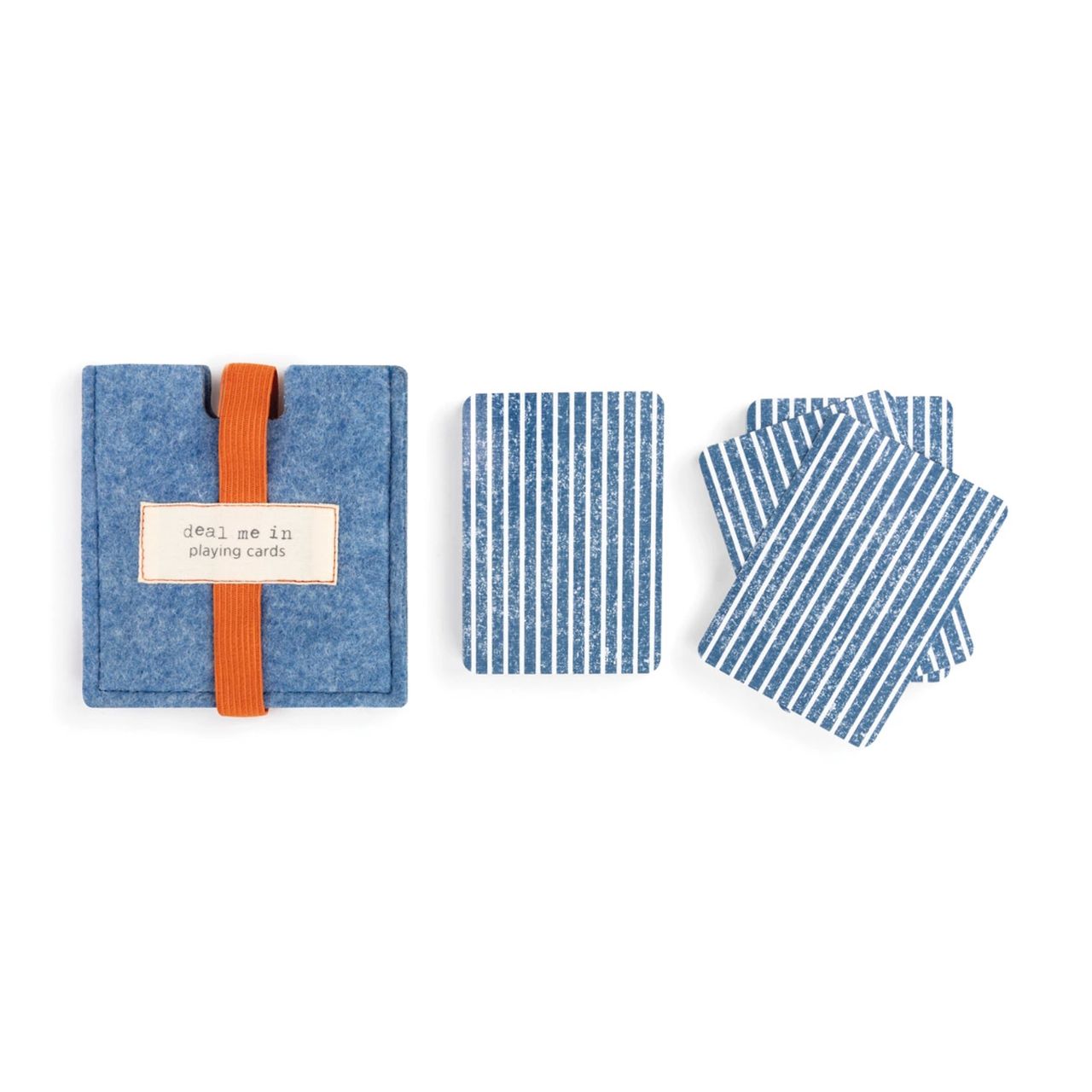 Deal Me in Playing Cards Our Deal Me In Playing Cards is a deck or playing cards like no another, covered with a blue and white striped back and stored in a blue-heathered felt pouch these are great to take with you anywhere.