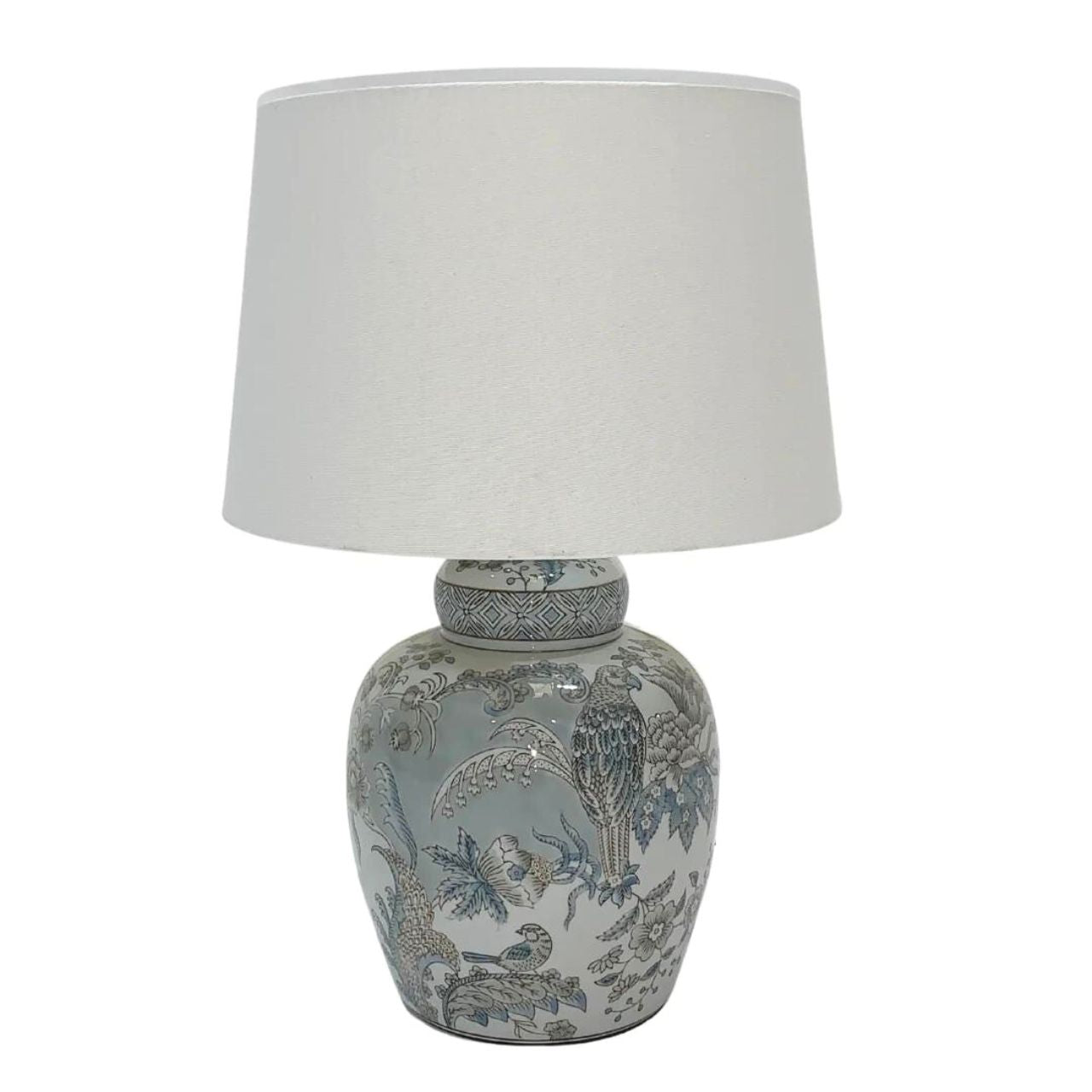 Mindy Brownes Delia Lamp Small Good lighting is essential for every home. Our ceramic collection is traditional yet timeless and featuring stunning designs, prints and patterns bursting with colour. This lamp in light blue and grey in colour. Tropical print design. A white linen shade.