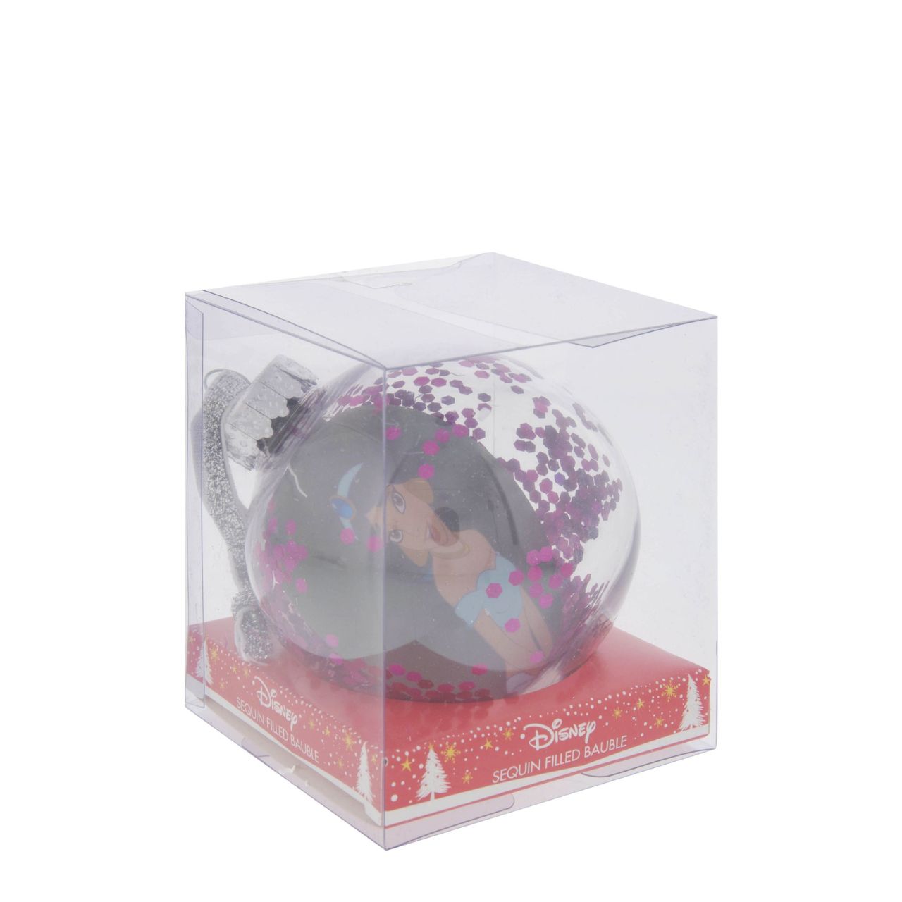 Disney Aladdin Sequin 2D Bauble Bring the magic and glamour of the Disney princesses to the festivity with this wonderful 7.5cm aqua marine Aladdin sequin bauble.