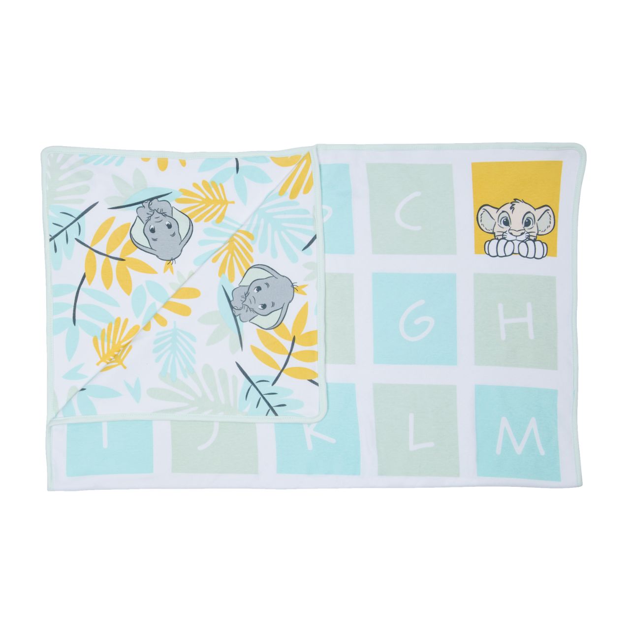 Marie, Thumper and Dumbo all join Simba in this gender-neutral ABC baby blanket. The generously sized blanket is ideal to encourage tummy time with newborns or to help toddlers learn their ABCs. Made from 100% cotton ensures it is both cosy and gentle on the most delicate skin.