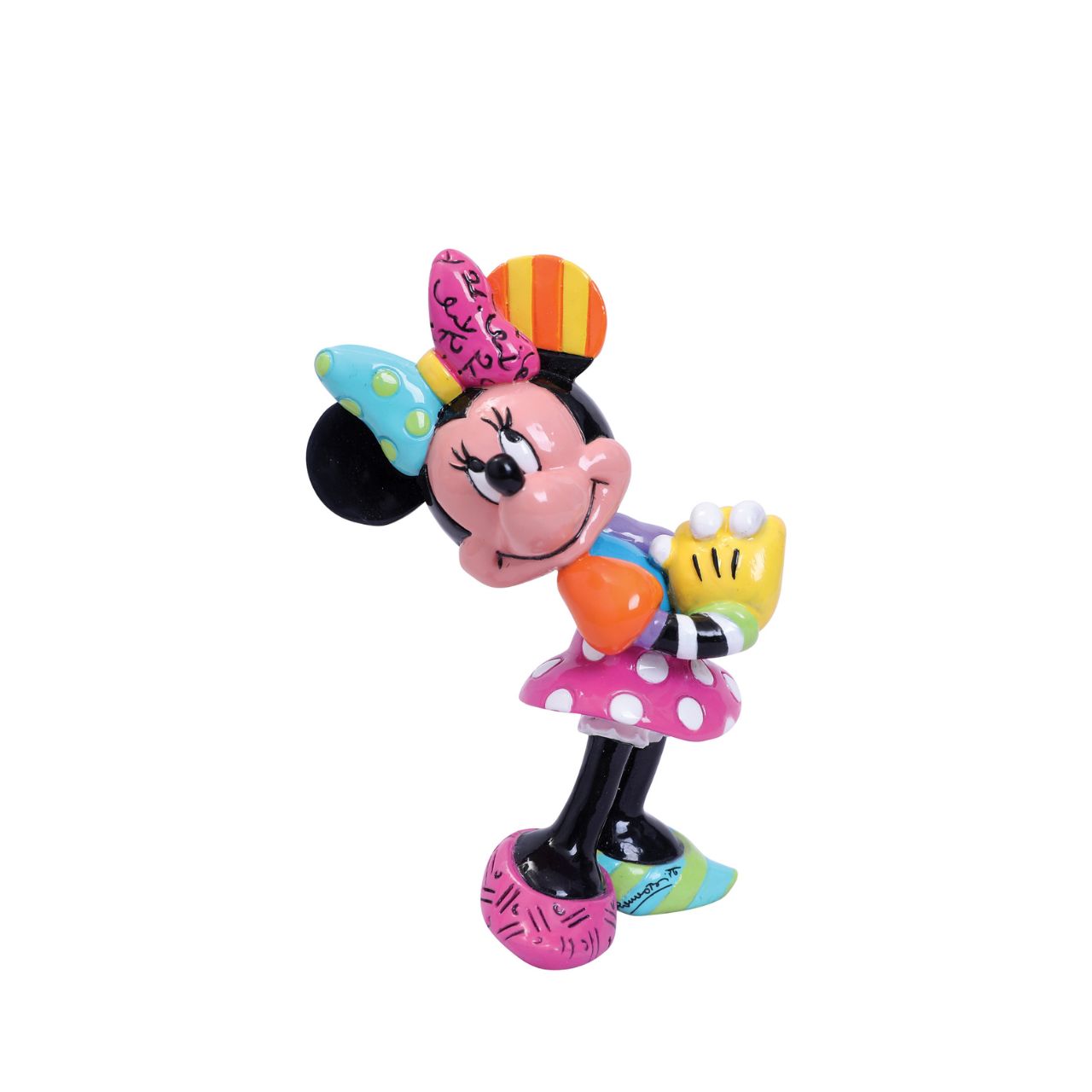 Blushing and smiling, Minnie eagerly awaits a gift from her beloved Mickey. Minnie Mouse is garbed in a beautiful rainbow of colours and patterns, compliments of a special paint job by Romero Britto, a multi-talented Brazilian pop artist.