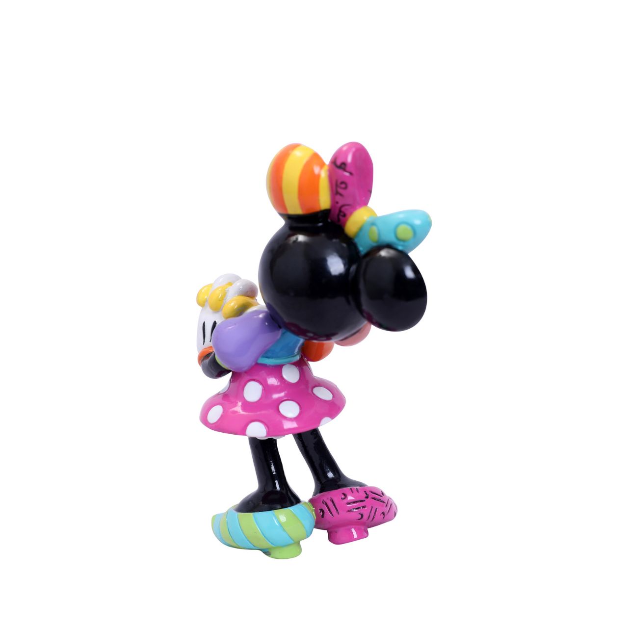 Blushing and smiling, Minnie eagerly awaits a gift from her beloved Mickey. Minnie Mouse is garbed in a beautiful rainbow of colours and patterns, compliments of a special paint job by Romero Britto, a multi-talented Brazilian pop artist.