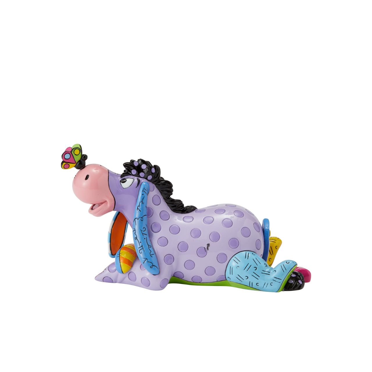 Eeyore enjoys nature and stares curiously at the butterfly perched on his nose. Romero Britto bestows a dose of optimism to our favourite gloomy donkey, reimagining Eeyore in lovely lavender and pretty polka dots.