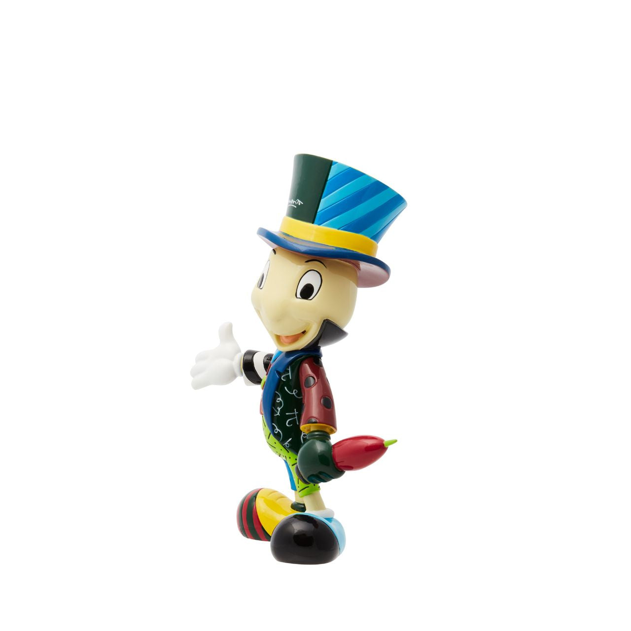 Inspired by the iconic sidekick in Disney's Pinocchio, Romero Britto has added his trademark use of colour and pattern to the character Jiminy Cricket on this striking, hand-painted figurine. Bold blues, reds, greens and yellow combine to create a unique and eye-catching display piece, perfect for Disney fans, avid collectors and lovers of Romero Britto's art style.