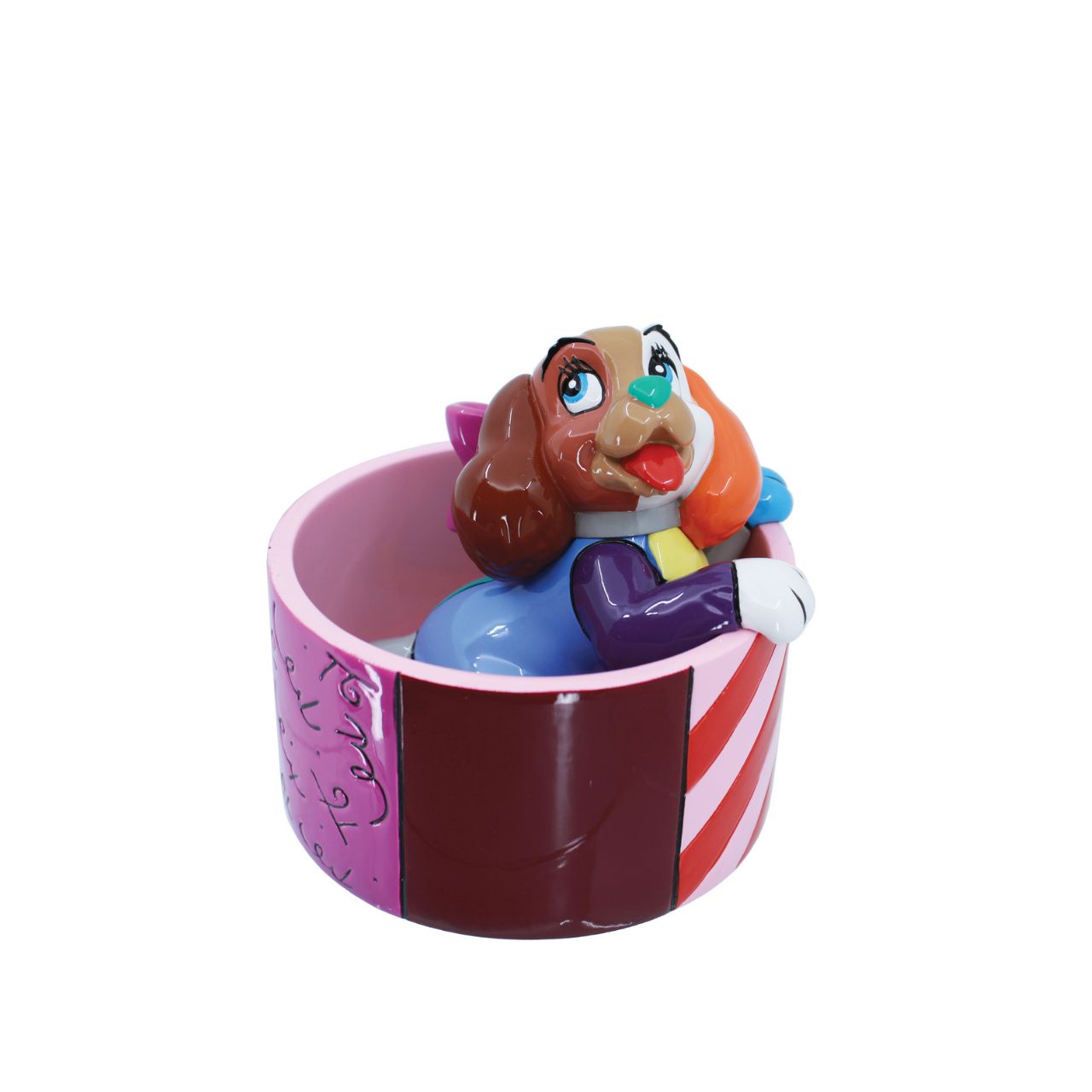 Pop artist Romero Britto reinterprets Lady from Disney's animated classic Lady and the Tramp for its 70th Anniversary in his iconic pop art palette of bright colours and happy hues. Figurine is made from cast stone. Product is supplied in branded gift box.