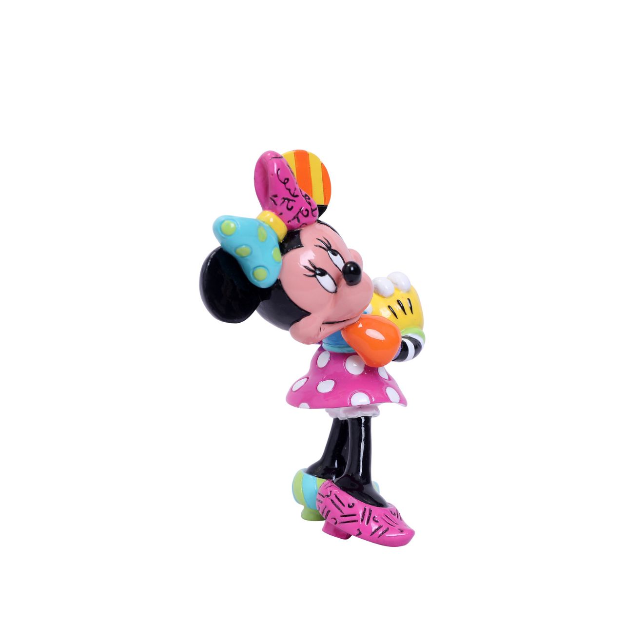 Blushing and smiling, Minnie eagerly awaits a gift from her beloved Mickey. Minnie Mouse is garbed in a beautiful rainbow of colours and patterns, compliments of a special paint job by Romero Britto, a multi-talented Brazilian pop artist.