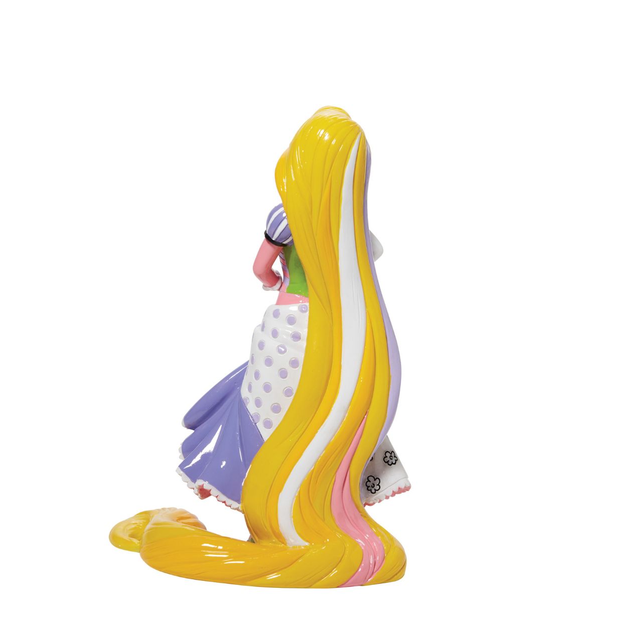 Rapunzel can be seen here with her iconic long magical hair in this unique pop art figurine. With bold colour and compelling pattern, contemporary artist Romero Britto captures the fun and whimsy of Disney.