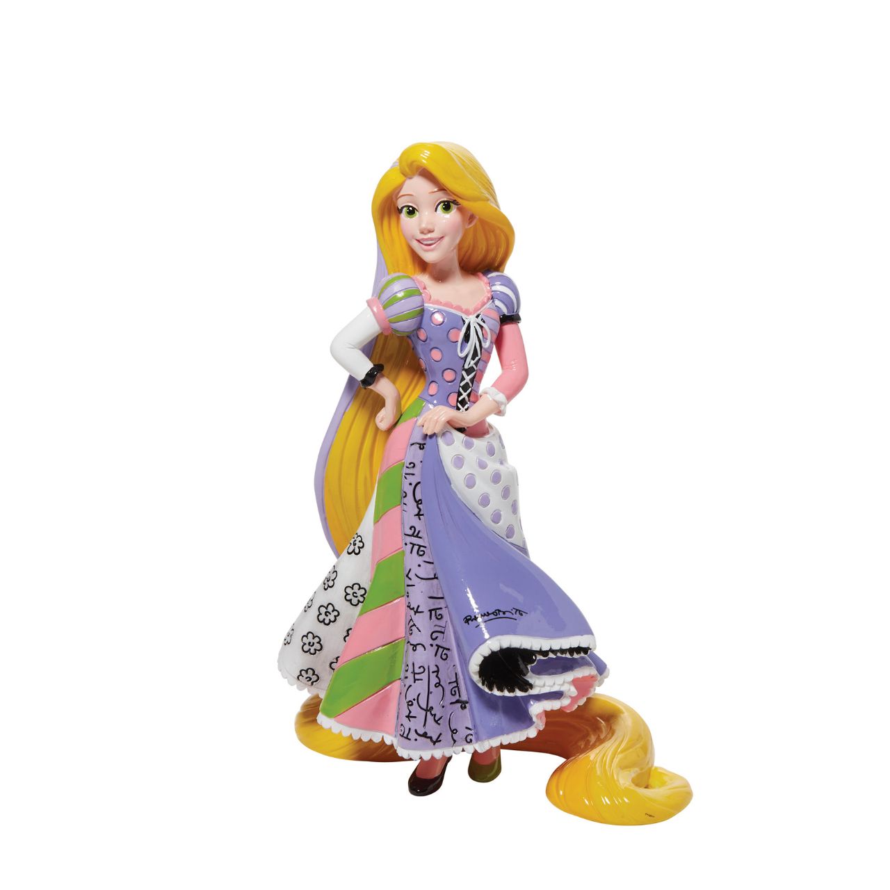 Rapunzel can be seen here with her iconic long magical hair in this unique pop art figurine. With bold colour and compelling pattern, contemporary artist Romero Britto captures the fun and whimsy of Disney.
