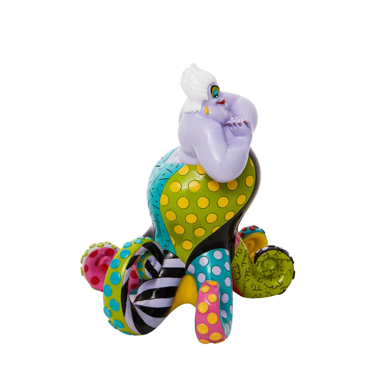 Redesigning the antagonist from The Little Mermaid, Ursula gets a chic remodel of trendy tentacles. With bold colour and compelling pattern, contemporary artist Romero Britto captures the fun and whimsy of Disney. Figurine is made from cast stone.