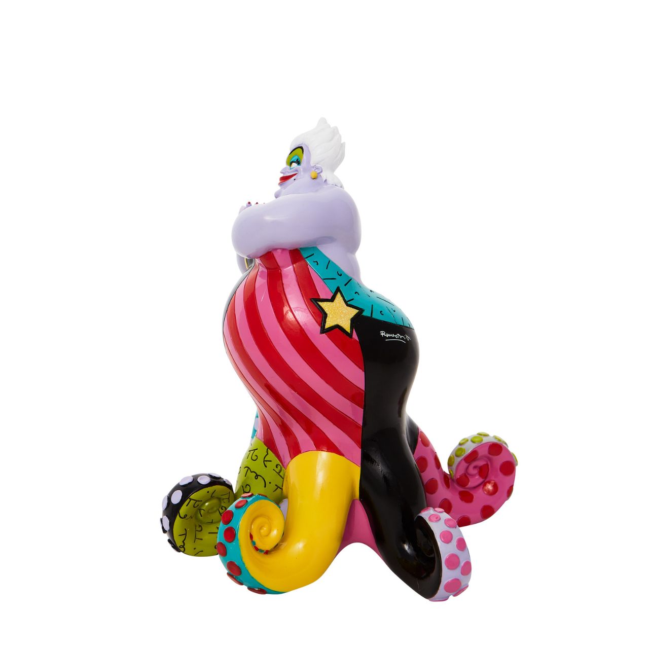 Redesigning the antagonist from The Little Mermaid, Ursula gets a chic remodel of trendy tentacles. With bold colour and compelling pattern, contemporary artist Romero Britto captures the fun and whimsy of Disney. Figurine is made from cast stone.