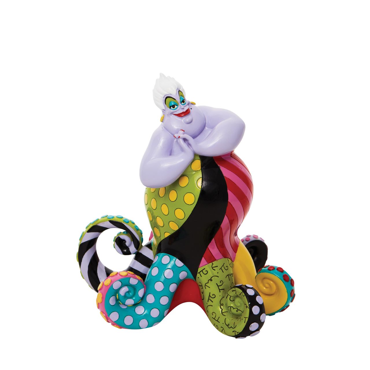 Redesigning the antagonist from The Little Mermaid, Ursula gets a chic remodel of trendy tentacles. With bold colour and compelling pattern, contemporary artist Romero Britto captures the fun and whimsy of Disney. Figurine is made from cast stone.