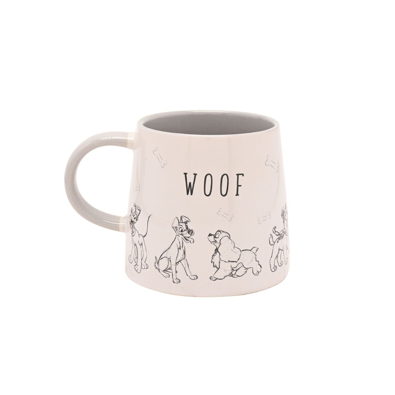 Sip your favourite brew in style with the whimsical Disney Cats & Dogs Mug - Woof. This delightful white ceramic mug features a playful black and white illustration of dogs and the word "WOOF," adding fun to every tea break.