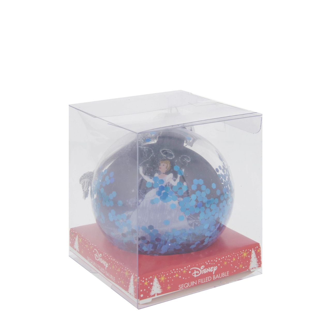 Disney Cinderella Sequin 2D Bauble Bring the magic and glamour of the Disney princesses to the festivity with this wonderful 7.5cm aqua marine Cinderella sequin bauble.