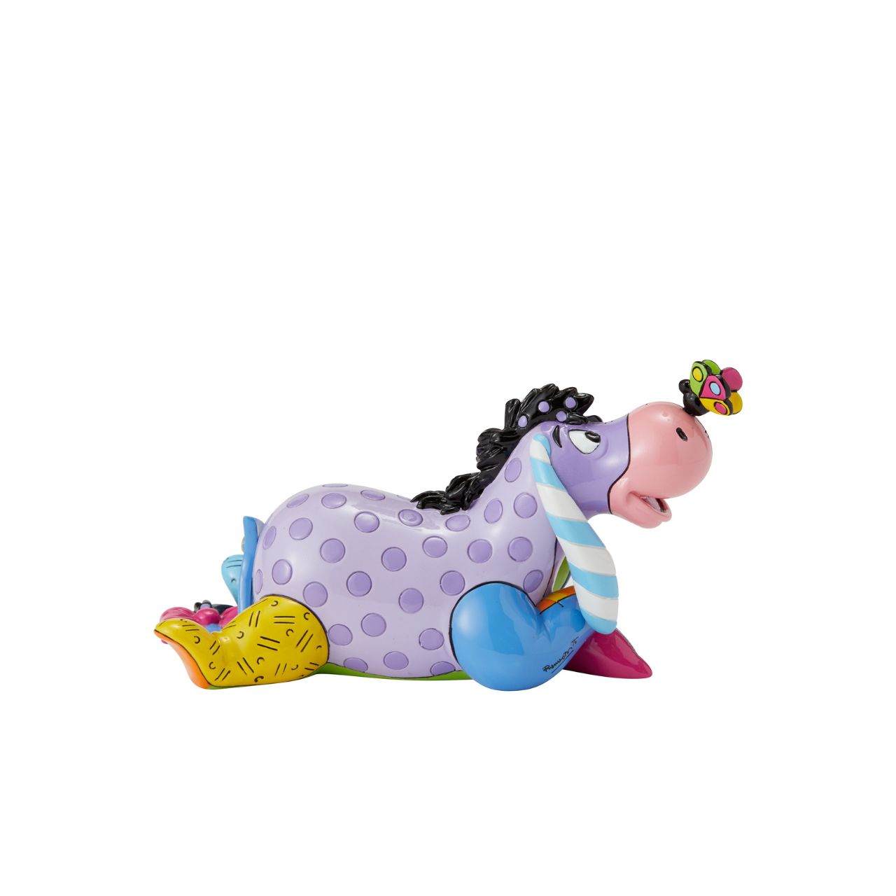 Eeyore enjoys nature and stares curiously at the butterfly perched on his nose. Romero Britto bestows a dose of optimism to our favourite gloomy donkey, reimagining Eeyore in lovely lavender and pretty polka dots.