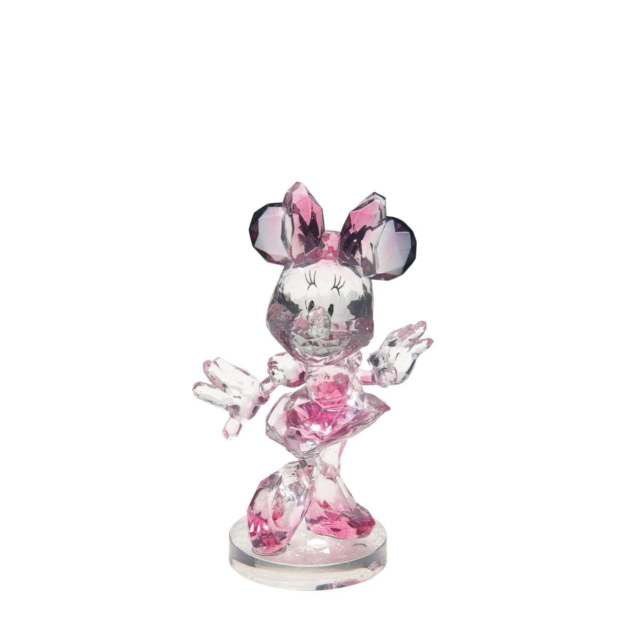 Disney Facets Minnie Mouse Celebrate your love for Disney with this "gem-cut" acrylic sculpture of your favourite Disney character: Minnie Mouse. The long time girlfriend of Mickey Mouse, she is known for her sweet personality, large head bows and polka-dotted dresses.