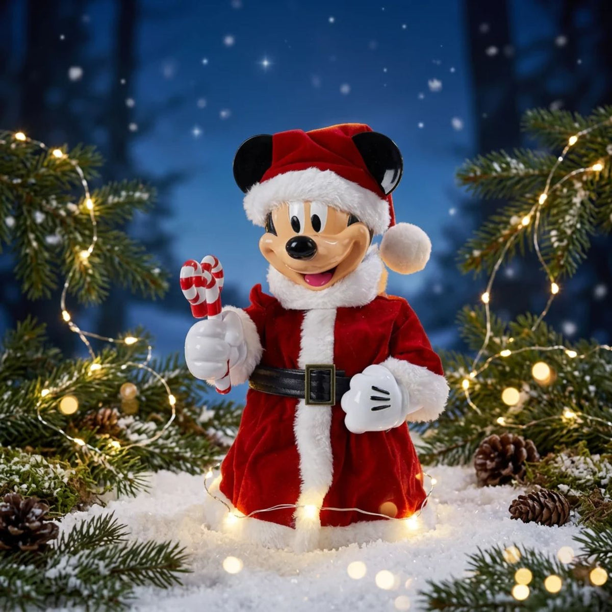 Bring festive cheer to your Christmas tree with this delightful Disney Mickey Christmas Tree Topper. Dressed in his cheerful Santa outfit and holding a festive candy cane, Mickey brings holiday magic to any home.