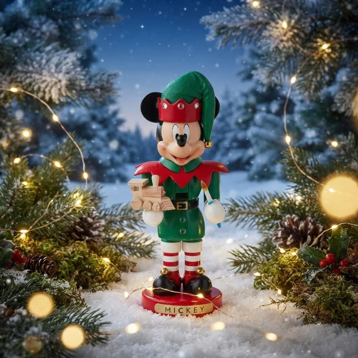 Bring festive magic to your holiday décor with this charming Disney Mickey Elf Christmas Nutcracker. Dressed in classic green and red elf attire, Mickey strikes a cheerful pose while holding a delightful toy wooden train.