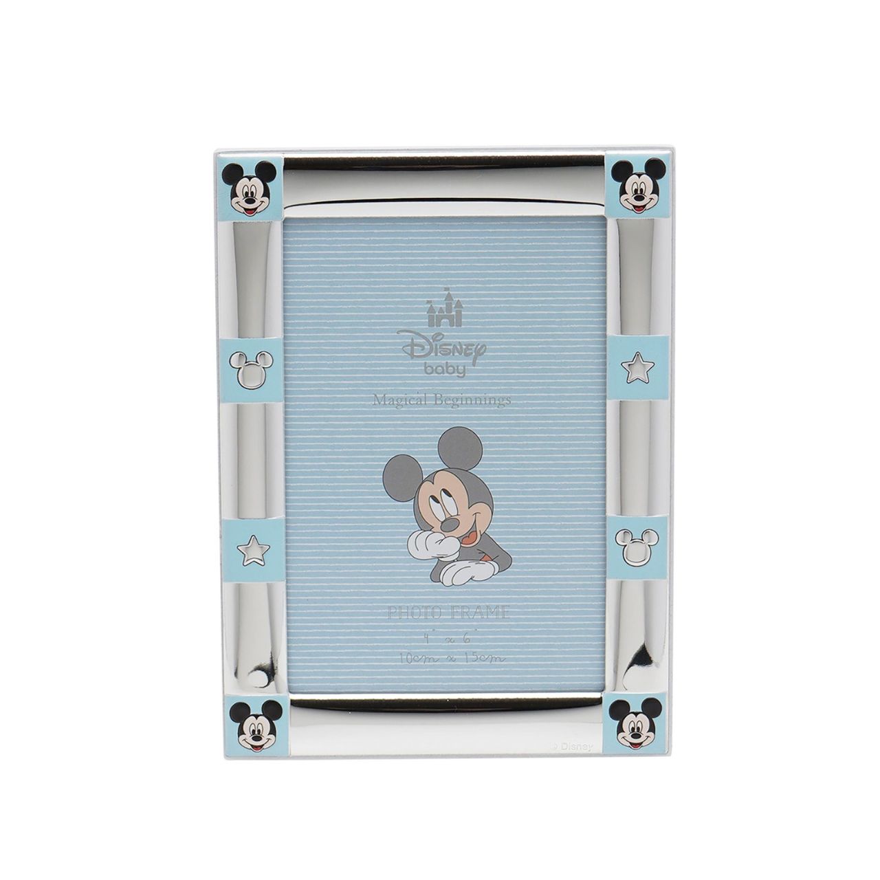 Bring Disney magic home with this charming Mickey Mouse photo frame, perfect for cherished memories. Adorned with Mickey's iconic ears and stars, this silver-plated frame is a must-have for any Disney fan.